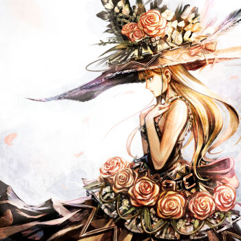 Rule 34 | 1girl, bare arms, black dress, blonde hair, blue eyes, breasts, commentary request, dress, dress flower, earrings, flower, from side, hands on own chest, hat, hat feather, hat flower, hat ribbon, jewelry, large hat, long hair, medium breasts, nail polish, original, petals, red nails, ribbon, rose, single earring, sleeveless, sleeveless dress, solo, sushi (sashimise), white background