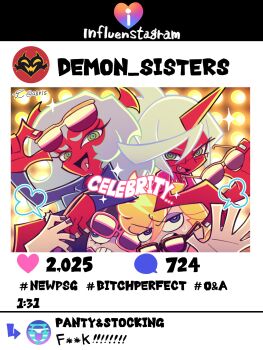 4girls absurdres blonde_hair blue_eyes english_text green_eyes grey_hair highres kneesocks_(psg) laughing multiple_girls panty_&amp;_stocking_with_garterbelt panty_(psg) piko_han purple_eyes scanty_(psg) social_media_composition social_network stocking_(psg) sweat