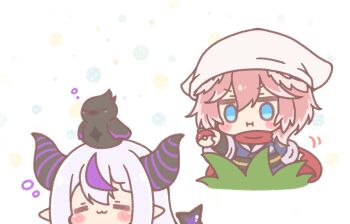 Rule 34 | 2girls, :3, :i, = =, akari (pokemon), akari (pokemon) (cosplay), animal, animal on head, bird, blue eyes, blush stickers, chibi, closed eyes, closed mouth, commentary request, cosplay, crow (la+ darknesss), demon horns, feathered wings, grey hair, head wings, headscarf, highres, holding, holding poke ball, hololive, horns, la+ darknesss, mitarashi neko, multicolored hair, multiple girls, nintendo, on head, pink hair, pink wings, pointy ears, poke ball, poke ball (basic), pokemon, pokemon legends: arceus, purple hair, red scarf, scarf, streaked hair, takane lui, virtual youtuber, white background, wings