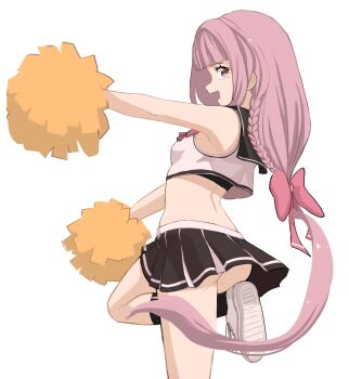 1girl absurdres ass_peek black_sailor_collar black_skirt blunt_bangs bow braid cheering cheerleader crop_top cropped_shirt dress fav_faris foot_out_of_frame foot_up from_side hair_bow highres holding holding_pom_poms long_hair looking_at_viewer looking_to_the_side low-tied_long_hair median_furrow miniskirt open_mouth original pink_bow pink_hair pleated_skirt pom_pom_(cheerleading) pom_poms sailor_collar shirt sidelocks sideways_glance simple_background skirt sleeveless sleeveless_dress solo standing standing_on_one_leg very_long_hair white_background white_shirt