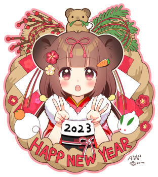 1girl 2023 :o aino_osaru animal animal_ears animal_on_head blush brown_hair carrot_hair_ornament commentary_request flower food-themed_hair_ornament hair_flower hair_ornament happy_new_year long_hair looking_at_viewer mouth_hold nengajou new_year on_head open_mouth original pika_(animal) pika_girl red_eyes solo typo upper_body v w