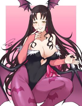 1girl animal_print bare_shoulders bat_print bat_wings black_hair black_leotard blush breasts bridal_gauntlets cleavage clothing_cutout cosplay crossover darkstalkers dasdokter facial_mark fate/extra fate/extra_ccc fate/grand_order fate_(series) forehead_mark fur-trimmed_leotard fur_trim head_wings heart_cutout highleg highleg_leotard highres large_breasts leotard long_hair looking_at_viewer morrigan_aensland morrigan_aensland_(cosplay) multicolored_hair off-shoulder_leotard pantyhose parted_bangs pink_hair print_pantyhose purple_pantyhose purple_wings sessyoin_kiara smile solo tanaka_rie very_long_hair voice_actor_connection wings yellow_eyes