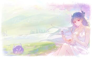 1girl alternate_costume asymmetrical_horns bare_arms bare_shoulders black_flower black_horns blue_hair breasts character_name cleavage closed_mouth commentary day demon_horns dress falling_petals flat_color floating_hair flower grass highres holding holding_instrument holding_lyre hololive hololive_english horn_flower horns instrument jailbird_(nerissa_ravencroft) large_breasts long_hair lyre mole mole_under_eye nerissa_ravencroft outdoors paw_chie petals red_eyes signature sitting sleeveless sleeveless_dress smile solo sundress symbol-only_commentary uneven_horns very_long_hair virtual_youtuber white_dress