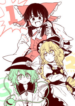 Rule 34 | 3girls, absurdres, apron, ascot, black hat, black skirt, black vest, blonde hair, bow, braid, broom, buttons, closed mouth, collarbone, collared shirt, commentary, crossed arms, detached sleeves, diamond button, eyeball, flower, frilled bow, frilled hair tubes, frilled shirt collar, frills, green eyes, green hair, hair bow, hair tubes, hakurei reimu, hat, hat bow, hat flower, highres, kirisame marisa, komeiji koishi, long hair, long sleeves, looking at viewer, multiple girls, oninamako, open mouth, red skirt, ribbon-trimmed sleeves, ribbon trim, rose, shirt, side braid, single braid, skirt, skirt set, smile, third eye, touhou, touhou 12th popularity poll, vest, waist apron, witch hat