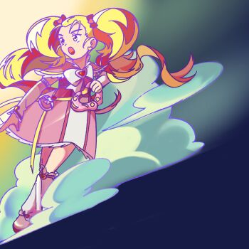 1girl blonde_hair blue_background bow bow_legwear bowtie brooch dress earrings feather-trimmed_dress feather-trimmed_sleeves fighting_stance floating_clothes floating_hair forehead frilled_arm_warmers frilled_leg_warmers full_body futari_wa_precure futari_wa_precure_max_heart gold_earrings gradient_background hair_bow hair_ornament heart heart_brooch heart_earrings heart_hair_ornament highres holding holding_weapon jewelry kujou_hikari leg_warmers long_hair looking_to_the_side magical_girl medium_dress pink_bow pink_dress pink_shoes precure red_bow shiny_luminous shoes short_sleeves smoke solo twintails ultoma very_long_hair wavy_hair weapon white_arm_warmers white_bow white_bowtie white_leg_warmers yellow_eyes