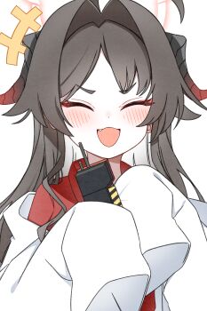 +++ 1girl 2657314861 absurdres ahoge bilingual_commentary blue_archive brown_hair closed_eyes coat collared_shirt colored_inner_hair commentary_request controller demon_horns eyeliner fang gradient_horns hair_intakes halo highres holding holding_controller horns kasumi_(blue_archive) lab_coat laughing light_blush long_hair makeup mixed-language_commentary multicolored_hair multicolored_horns off_shoulder open_mouth parted_bangs red_eyeliner red_halo red_shirt shirt sidelocks sleeves_past_fingers sleeves_past_wrists smile solo two-tone_hair upper_body v-shaped_eyebrows white_background white_coat white_hair