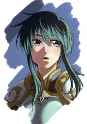 Rule 34 | 1girl, :o, aduti momoyama, armor, black hair, breastplate, cowlick, earrings, fire emblem, fire emblem: genealogy of the holy war, hair between eyes, highres, jewelry, larcei (fire emblem), looking to the side, nintendo, open mouth, purple tunic, short hair, shoulder armor, sidelocks, simple background, solo, tunic, upper body