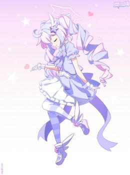 Rule 34 | 1girl, absurdres, ahoge, blue archive, bow, closed eyes, commentary request, drill hair, from side, full body, gloves, hair ornament, highres, leg up, long hair, multicolored hair, official alternate costume, official alternate hairstyle, pantyhose, pink background, pink hair, puffy short sleeves, puffy sleeves, purple bow, purple hair, purple shoes, reisa (blue archive), reisa (magical) (blue archive), shirt, shoes, short sleeves, simple background, single shoe, skirt, solo, southernsandbox, star (symbol), star hair ornament, striped clothes, striped pantyhose, twin drills, twintails, wand, white gloves, white shirt, white skirt, white wrist cuffs, wing hair ornament, winged shoes, wings, wrist cuffs