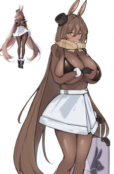 Rule 34 | animal ear hairband, animal ears, black bra, black hat, black shoes, boots, bra, breasts, brown hair, brown scarf, commentary, drunkeel, embarrassed, english commentary, fake animal ears, fur-trimmed boots, fur-trimmed skirt, fur skirt, fur trim, goddess of victory: nikke, hairband, hat, highres, inset, large breasts, long hair, mini hat, mini top hat, noir (nikke), official alternate costume, rabbit ear hairband, rabbit ears, scarf, shoes, simple background, skirt, top hat, underwear, very long hair, white background, white skirt, yellow eyes