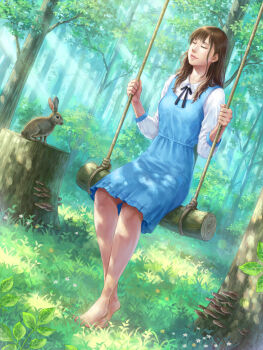 1girl animal brown_hair bush closed_eyes dappled_sunlight eply forest grass highres long_hair morning mushroom nature on_swing on_tree_stump original rabbit solo sunlight swing tree_stump