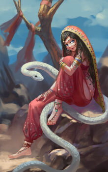 1girl absurdres anklet armlet baggy_pants barefoot barefoot_sandals_(jewelry) bindi black_hair blue_eyes bracelet desert dirty dirty_feet earrings feet female_focus henna highres hugging_own_legs indian indian_clothes jewelry lemonh long_hair looking_at_viewer nail_polish on_rock original pants rock sitting sky snake solo toe_ring toenail_polish toenails veil white_snake