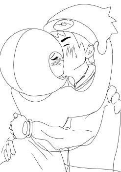 1boy 1girl ^_^ absurdres arm_around_back arm_up beanie blush bob_cut brendan_(pokemon) closed_eyes fingerless_gloves from_behind gardevoir gen_3_pokemon gloves greyscale hand_on_another's_head hat hetero highres hug interspecies jacket kiss long_sleeves monochrome nintendo pokemon pokemon_(creature) pokemon_rse ronaldor short_hair simple_background sketch sweat u_u white_background