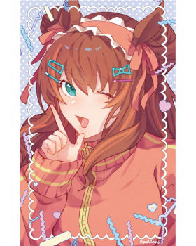 Rule 34 | 1girl, alternate costume, animal ears, blue eyes, blush, breasts, brown hair, double bun, green eyes, hair between eyes, hair bun, hair ornament, hairclip, headband, heart, horse ears, horse girl, jacket, jersey maid, long hair, long sleeves, looking at viewer, maid, maid headdress, maruzensky (umamusume), one eye closed, open mouth, orange headband, orange jacket, puddeins, smile, solo, track jacket, umamusume, umamusume: cinderella gray, unconventional maid, upper body