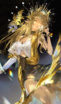 1girl absurdres ambience_synesthesia arknights bare_shoulders black_choker black_skirt breasts brown_hair chiaspicy chinese_commentary choker commentary_request dutch_angle head_wreath high-waist_skirt highres long_hair looking_at_viewer medium_breasts moon_phases muelsyse_(arknights) muelsyse_(golden_reverie)_(arknights) off-shoulder_shirt off_shoulder official_alternate_costume one_eye_closed parted_lips pointy_ears shirt single_sleeve skirt smile solo white_shirt