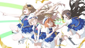 4girls absurdres beret blue_overskirt blue_vest boots braid brown_hair closed_eyes clover_(idolmaster) commentary floating_hair frilled_overskirt grateful_blue_(idolmaster) grin hakozaki_serika hat highres hiromu_(hiromu920142372) holding_hands idolmaster idolmaster_million_live! idolmaster_million_live!_theater_days jumping kitazawa_shiho kousaka_umi lace-up_boots long_hair multiple_girls official_alternate_costume orange_hair overskirt pointing short_hair skirt smile twintails untranslatable_commentary vest white_boots white_hat white_skirt yabuki_kana