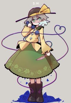 1girl asutoro_(s--t) green_eyes green_skirt grey_background hashtag-only_commentary highres holding holding_knife holding_phone kitchen_knife knife koishi_day komeiji_koishi long_sleeves medium_hair phone shirt skirt solo touhou wide_brim yellow_shirt