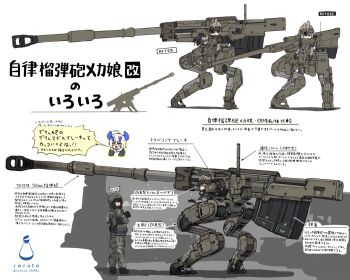 2girls armor artillery assault_rifle brown_hair camouflage camouflage_jacket camouflage_pants cannon reference_sheet commentary_request digitigrade full_body grey_eyes gun head-mounted_display helmet highres jacket looking_at_viewer magazine_(weapon) mecha_musume military_combat_uniform military_uniform multiple_girls original pants rifle science_fiction shadow short_hair smile solo soruto_0w98e standing tactical_clothes translation_request weapon