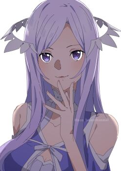 1girl aco_(bearchannel) bare_shoulders commentary dress hair_ornament hand_on_own_face highres long_hair purple_dress purple_eyes purple_hair quinella smile solo sword_art_online sword_art_online:_alicization very_long_hair white_background