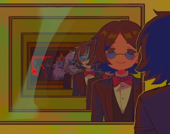 1boy adventure_time adventure_time:_fionna_and_cake beard blue_skin bow bowtie brown_hair brown_suit closed_eyes colored_skin commentary crown dual_persona english_commentary facial_hair formal_clothes glasses grey_hair highres ice_king looking_at_mirror mirror open_mouth optical_illusion pointy_nose red_bow red_bowtie simon_petrikov smile suit surprised tsujii_luki yellow_background yellow_crown