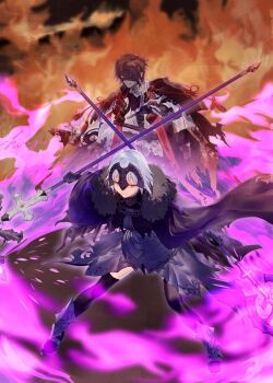 1boy 1girl armor bandage_over_one_eye bandaged_head bandages black_armor black_bandages black_hair black_thighhighs cape chain chiemon_(fate) dual_wielding fate/samurai_remnant fate_(series) fire fur-trimmed_cape fur_trim headpiece hiiragi_(karashriker) holding holding_polearm holding_weapon japanese_armor japanese_clothes jeanne_d'arc_(fate) jeanne_d'arc_alter_(fate) jeanne_d'arc_alter_(lancer)_(fate) katana medium_hair multiple_scars outstretched_arm plackart polearm purple_fire scar sheath sheathed shoulder_armor signature sode sword thighhighs torn_cape torn_clothes weapon white_hair yellow_eyes