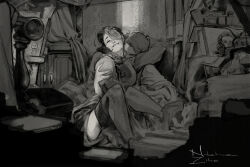 Rule 34 | 1boy, 1girl, biting own lip, canvas (object), closed eyes, grabbing, grabbing another&#039;s breast, greyscale, highres, monochrome, nabetse zitro, original, painting (object), thighhighs, torn clothes, torn thighhighs