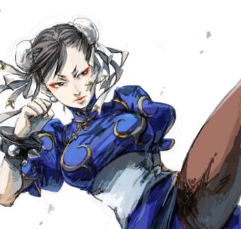 1girl bad_drawr_id bad_id black_hair blue_dress bracelet breasts brown_eyes brown_pantyhose bun_cover capcom china_dress chinese_clothes chun-li double_bun dress earrings eyeliner hagiya_kaoru hair_bun jewelry makeup medium_breasts pantyhose pearl_earrings puffy_short_sleeves puffy_sleeves red_eyeliner red_lips short_hair short_sleeves simple_background solo spiked_bracelet spikes street_fighter white_background