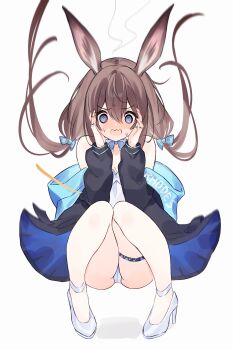 1girl @_@ absurdres amiya_(arknights) animal_ears arknights bare_shoulders black_coat blue_eyes brown_hair clothes_pull coat commentary_request diieru embarrassed flustered full_body hair_between_eyes hands_on_own_cheeks hands_on_own_face hands_up high_heels highres infection_monitor_(arknights) jacket jacket_pull jewelry knees_together_feet_apart knees_up long_hair multiple_rings off_shoulder open_clothes open_coat panties rabbit_ears rabbit_girl ring shirt sitting sleeveless sleeveless_shirt solo squatting surprised thigh_strap thighs twintails underwear very_long_hair white_panties