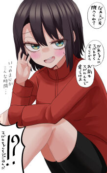 1girl black_shorts blue_eyes blush brown_hair highres hololive jacket looking_at_viewer natsume_mina official_alternate_costume oozora_subaru oozora_subaru_(9th_costume) open_mouth red_jacket short_hair shorts smile solo teeth upper_teeth_only virtual_youtuber white_background