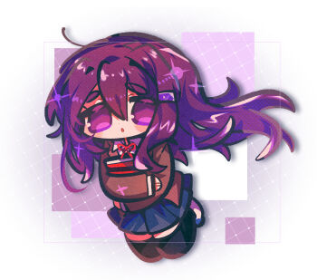 1girl :o black_thighhighs blue_skirt blush book border brown_jacket canvas_texture collared_shirt colored_eyelashes commentary cowlick deformed doki_doki_literature_club doki_doki_literature_club_school_uniform dot_nose double-parted_bangs full_body hair_between_eyes hair_ornament halftone highres holding holding_book hugging_book hugging_object inset_border inverted_eyelashes jacket jumping layered_sleeves long_hair long_sleeves looking_at_viewer miniskirt neck_ribbon no_pupils omoyu_(nakyu715) open_mouth outside_border pleated_skirt purple_background purple_eyes purple_hair raised_inner_eyebrows red_ribbon ribbon school_uniform shirt shoes sidelocks simple_background skirt solo thick_eyebrows thighhighs uwabaki very_long_hair white_border white_shirt white_shoes yuri_(doki_doki_literature_club) zettai_ryouiki