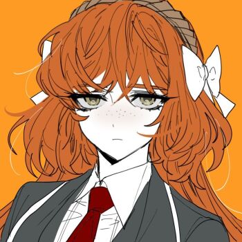 Rule 34 | 1girl, black coat, bow, brown hairband, coat, collared shirt, freckles, green eyes, hair bow, hairband, ishmael (project moon), limbus company, long hair, looking at viewer, necktie, orange background, orange hair, project moon, red necktie, remsrar, shirt, simple background, solo, third-party source, very long hair, white bow, white shirt