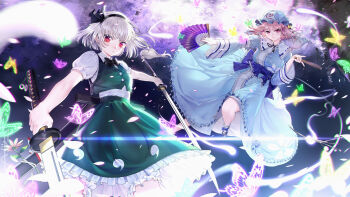 2girls artist_progress au11 black_bow black_bowtie black_hairband black_ribbon black_shoes bloomers blue_bow blue_dress blue_hat blue_sash blue_veil blurry blurry_background bow bowtie bug butterfly buttons cherry_blossom_print cherry_blossoms collared_shirt commentary_request dress dual_wielding floral_print flower folding_fan footwear_bow frilled_dress frilled_shirt_collar frills from_below ghost ghost_print glowing glowing_butterfly glowing_petals green_butterfly green_skirt green_vest grey_hair hair_ribbon hairband hand_fan hat highres holding holding_fan holding_sword holding_weapon insect katana knees konpaku_youmu konpaku_youmu_(ghost) light_blush light_frown light_particles lips looking_down mary_janes medium_hair mob_cap multiple_girls outstretched_arms petals petticoat pink_butterfly pink_eyes pink_flower pink_hair pink_petals puffy_short_sleeves puffy_sleeves red_eyes redrawn ribbon saigyouji_yuyuko sash scabbard sheath shirt shoes short_hair short_sleeves skirt sword touhou triangular_headpiece underwear veil vest weapon white_bloomers white_shirt yellow_butterfly