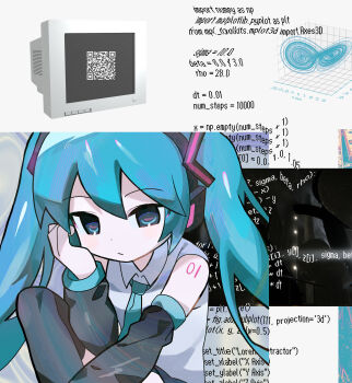 1girl absurdres aqua_eyes aqua_hair aqua_necktie black_sleeves closed_mouth collared_shirt crt detached_sleeves dot_nose expressionless graph hatsune_miku highres knee_up long_hair long_sleeves looking_at_viewer morizo_(morizoshop) necktie number_tattoo photo_inset python_(programming_language) qr_code shirt shoulder_tattoo sleeveless sleeveless_shirt solo tattoo upper_body vocaloid white_shirt