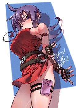 1girl arm_behind_back black_gloves blue_background blush breasts cowboy_shot dress duel_masters fingerless_gloves gloves highres large_breasts microdress purple_eyes purple_hair simple_background sleeveless sleeveless_dress solo tasogare_mimi thigh_strap white_background yoshikage_(yo4kage)