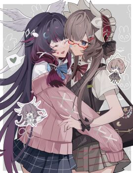 Rule 34 | 2girls, alternate costume, anger vein, black hair, blue eyes, blush, bow, brown hair, cardigan, chibi, closed eyes, closed mouth, columbina (genshin impact), commentary, english commentary, eye mask, genshin impact, glasses, hair ornament, head wings, headdress, heart, highres, hug, long hair, mask, moon, multicolored hair, multiple girls, multiple wings, musical note, neck ribbon, one eye closed, open mouth, plaid clothes, plaid skirt, purple hair, purple streaks, rabbit, ribbon, sandrone (genshin impact), scrunchie, see-through clothes, see-through mask, short hair with long locks, sketch, skirt, smile, speech bubble, star (symbol), sweater vest, two-tone hair, very long hair, white headdress, white mask, white wings, wing hair ornament, wings, wrist scrunchie, x-shaped eyewear, xu (anniechika), yuri