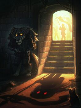 1boy absurdres animal_ears armor banner commentary english_commentary glowing glowing_eyes highres holding holding_banner mouse_(animal) original porforever red_eyes scared solo_focus stairs sunlight sunset_(porforever) tail wolf_boy wolf_ears wolf_tail wrist_guards yellow_eyes