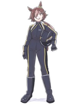 Rule 34 | 1girl, animal ears, black bodysuit, black boots, black helmet, bodysuit, boots, brown eyes, brown hair, carrying, carrying under arm, commentary, full body, grey hair, grin, hair over one eye, helm, helmet, highres, horse ears, long hair, low ponytail, motorcycle helmet, multicolored hair, ponytail, shadow, simple background, smile, solo, standing, symbol-only commentary, two-tone hair, umamusume, unworn headwear, unworn helmet, vent arbre, very long hair, vodka (umamusume), white background