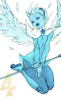 Rule 34 | 1girl, angel wings, boots, breath of fire, breath of fire iv, commentary, dress, feathered wings, full body, hairband, highres, holding, holding staff, jewelry, knee boots, monochrome, nina (breath of fire iv), official artist extra, open mouth, pantyhose, short hair, skirt, solo, staff, very short hair, wing clan (breath of fire), wings, yoshikawa tatsuya