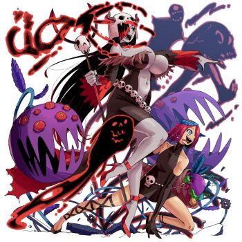 1boy 1girl aura bident black_dress black_hair black_nails blue_eyes breasts colored_skin cornucopia crazy_eyes crazy_smile crossdressing crossdressing_(mtf) dark_aura dress elbow_gloves fake_horns fingernails fire_emblem fire_emblem_heroes food fruit full_body ghost gloves greek_mythology grey_skin hades_(wanderjegson) hair_over_one_eye hand_on_another's_leg helmet high_heels holding holding_polearm holding_weapon horned_helmet horns husband_and_wife large_breasts long_hair monster multicolored_hair nail_polish navel nintendo open_mouth original outstretched_arm parody persephone_(wanderjegson) pink_hair plant_monster plunging_neckline polearm purple_hair red_hair red_shoes saliva sharp_teeth shoes short_dress short_hair side_slit skull-shaped_hat skull_belt skull_on_head sleeveless sleeveless_dress smile summoning teeth tongue tongue_out trap two-tone_hair underboob wanderjegson weapon