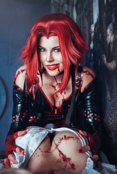 2girls blonde_hair blood bloodrayne bloodrayne_(videogame) breasts cleavage cosplay dhampir half-human highres large_breasts monster_girl multiple_girls red_hair undead vampire
