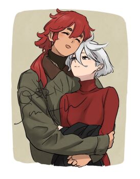 0321smith 2girls closed_mouth commentary earrings green_jacket grey_eyes gundam gundam_suisei_no_majo highres hug hug_from_behind ii_fuufu_no_hi jacket jewelry long_hair miorine_rembran multiple_girls open_mouth red_hair red_sweater ring smile stud_earrings suletta_mercury sweater thick_eyebrows turtleneck turtleneck_sweater twitter_username upper_body wedding_ring white_hair wife_and_wife yuri