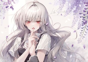 2girls black_dress clip_studio_paint_(medium) collared_shirt commentary_request cursive dress eyelashes fangs finger_to_mouth fingernails grey_hair hands_up highres index_finger_raised long_hair looking_at_viewer multiple_girls official_art open_mouth original out_of_frame parted_bangs petals pinafore_dress purple_petals red_eyes shirt short_sleeves shushing sleeveless sleeveless_dress solo_focus upper_body white_shirt yukiko_(tesseract)