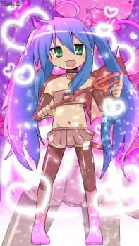 1girl :3 :d ahoge alternate_costume alternate_hairstyle artist_name bambi2000line blue_hair boots brown_thighhighs cat_cutout clothing_cutout collar collarbone commentary_request demon_girl demon_horns demon_tail flat_chest full_body green_eyes groin heart heart_collar highres holding holding_polearm holding_weapon horns izumi_konata latex latex_bridal_gauntlets latex_thighhighs long_hair lowleg lowleg_skirt lucky_star midriff miniskirt mole mole_under_eye navel open_mouth pink_background pink_boots polearm projected_inset raised_eyebrows skirt smile solo sparkle tail thighhighs toy twintails very_long_hair weapon