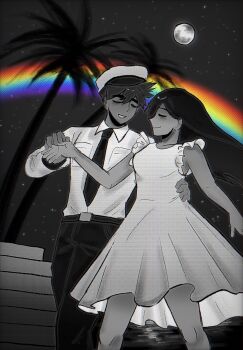 1boy 1girl album_cover_redraw alternate_costume breast_pocket closed_eyes closed_mouth collared_shirt dark-skinned_male dark_skin derivative_work double-parted_bangs dress full_moon greyscale hair_between_eyes hat hawaii:_part_ii_(album) hero_(faraway)_(omori) hero_(omori) highres long_hair long_sleeves lyuz_(justtoseemeplea) mari_(faraway)_(omori) mari_(omori) miracle_musical monochrome moon necktie night omori open_mouth outdoors palm_tree pants partially_colored pocket rainbow shirt short_hair sky sleeveless sleeveless_dress smile star_(sky) starry_sky tree