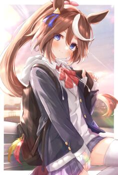 1girl absurdres animal_ears arm_between_legs backpack bag black_bag blue_eyes blue_jacket blue_skirt bow bowtie brown_hair buttons closed_mouth collared_shirt commentary_request drawstring ear_ornament grey_jacket hair_between_eyes hair_bow highres hood hood_down hooded_jacket horse_ears horse_girl jacket long_hair long_sleeves looking_at_viewer multicolored_hair pink_bow plaid_clothes plaid_skirt pleated_skirt ponytail red_bow red_bowtie school_uniform shirt skirt sky_cappuccino smile solo streaked_hair thighhighs tokai_teio_(umamusume) umamusume white_hair white_shirt white_thighhighs