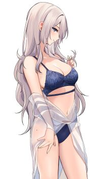 1girl blue_bra blue_eyes blue_panties bra grey_hair highres holding holding_own_hair long_hair looking_at_viewer original panties partially_unbuttoned ry_thae sanyu_(ry_thae) see-through_clothes shirt solo underwear white_background