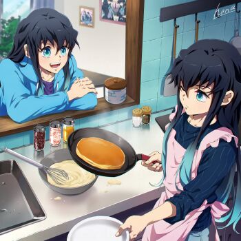 2boys alternate_costume aqua_eyes black_hair blue_hoodie blue_shirt brothers closed_mouth food gradient_hair hair_between_eyes hana_ni_nare highres holding_pan hood hooded_jacket hoodie jacket kimetsu_no_yaiba long_hair male_focus multicolored_hair multiple_boys one_eye_closed open_mouth overalls pancake pink_overalls purple_shirt shirt siblings smile tokitou_muichirou tokitou_yuichirou twins two-tone_hair