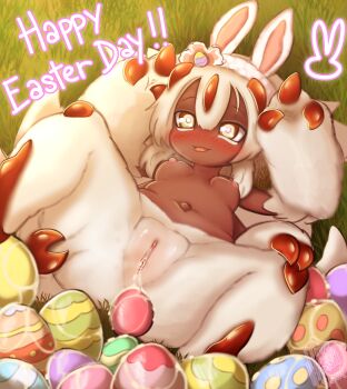 Rule 34 | absurdres, aroused, arthropod, ass, breasts, bug, bunny ears (gesture), cum, dark skin, easter bunny, easter egg, egg, egg laying, english text, extra arms, fake ears, fake rabbit ears, faputa, gesture, grass, grass, happy easter, highres, horns, leg grab, lepidopteran, lying, lying on grass, made in abyss, multiple tails, narehate, narrowed eyes, navel, nipples, on back, on ground, plant, pussy, pussy juice, single horn, small breasts, solo, tail, tongue, tongue out, translucent, translucent hair, true fossil soul, uncensored, white fur, yellow eyes