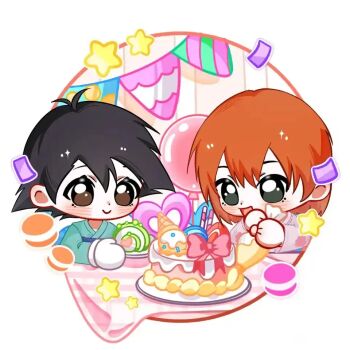 1boy 1girl ash_ketchum balloon birthday_cake black_eyes black_hair blush bow brown_eyes cake chibi closed_mouth confetti dessert food fruit gloves green_kimono happy holding icing japanese_clothes kimono misty_(pokemon) multiple_girls nintendo open_mouth orange_hair pastry pastry_bag plate pokemon pokemon_(anime) pokemon_(classic_anime) pokemon_rgby round_image short_hair smile star_(symbol) strawberry white_background white_gloves