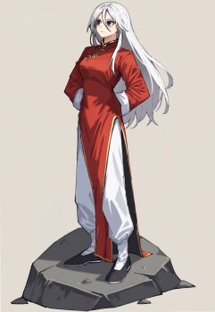1girl absurdres arm_behind_back changpao china_dress chinese_clothes closed_mouth dress fighting fighting_stance full_body grey_background highres kokoro_no_koibito kung_fu long_hair long_sleeves martial_arts monk original red_dress shaolin_monk simple_background solo standing training white_hair