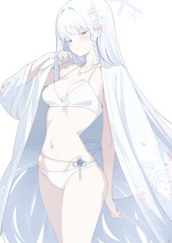 1girl absurdres adjusting_hair bikini blue_archive blush bra ddog green_eyes grey_halo hair_ornament halo haori hashtag-only_commentary highres japanese_clothes jewelry long_hair nagusa_(blue_archive) nagusa_(swimsuit)_(blue_archive) necklace official_alternate_costume open_clothes panties simple_background smile snowflake_hair_ornament swimsuit underwear very_long_hair white_background white_bikini white_bra white_hair white_haori white_panties